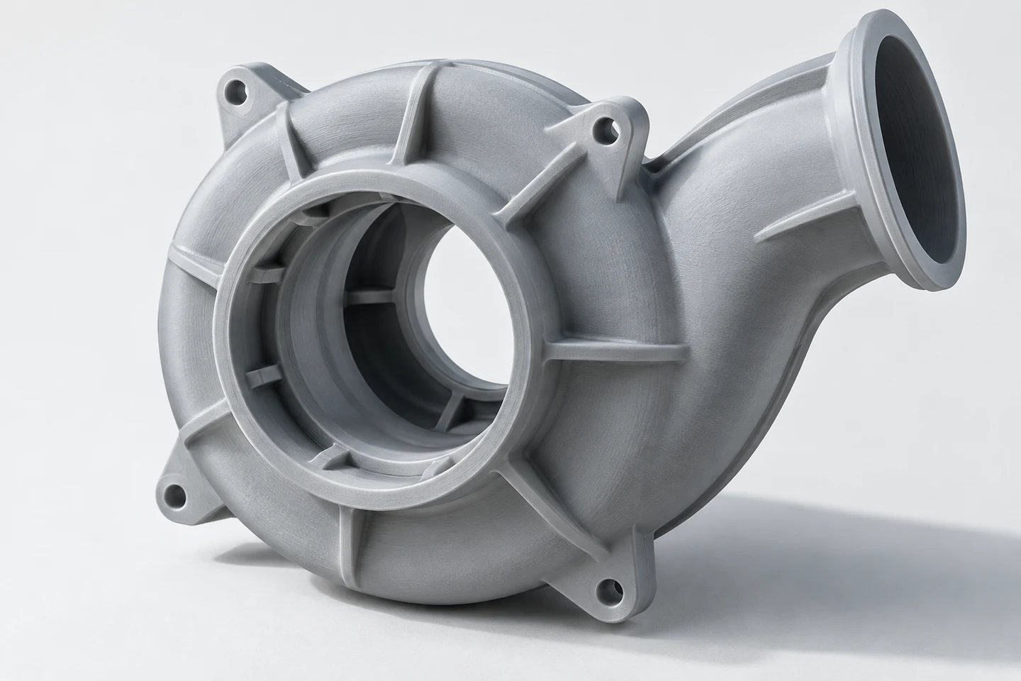 Illustrative additive-manufactured functional housing with curved geometry and reinforcement ribs